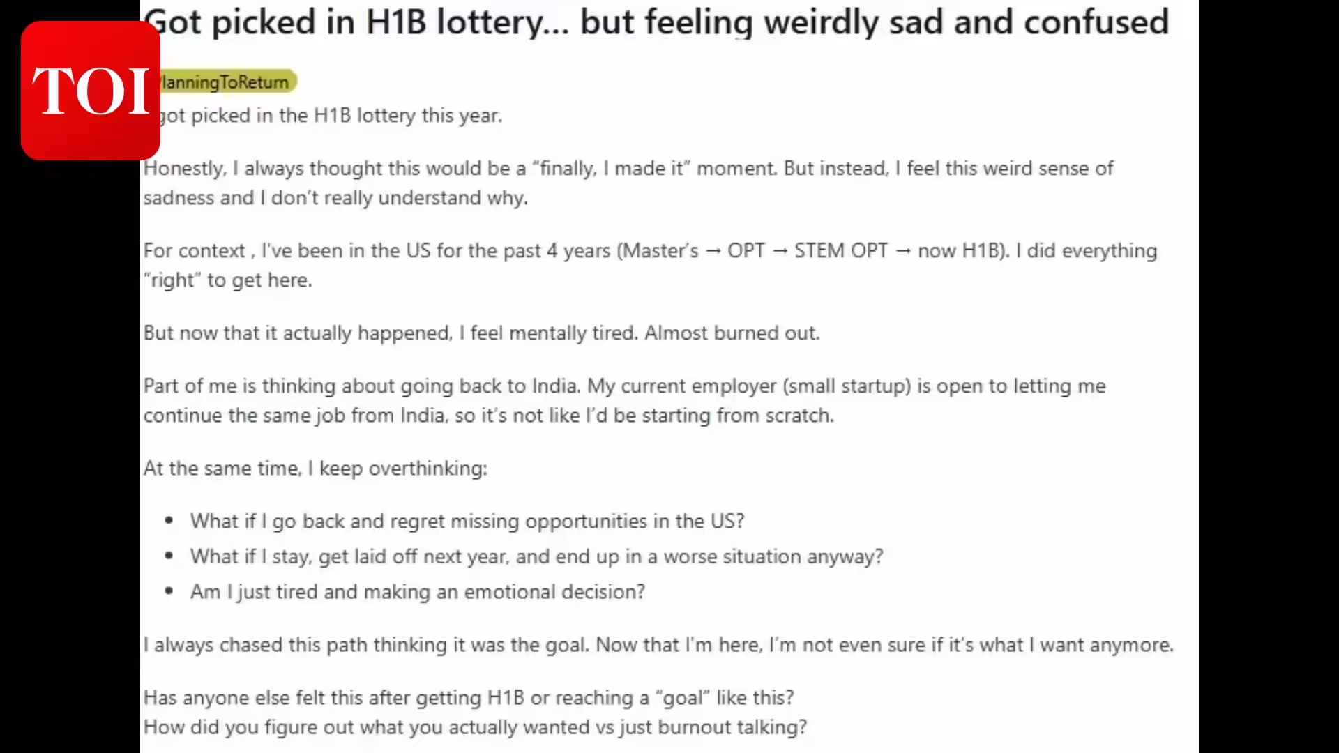 Redditor says H-1B lottery selection did not bring any joy because of mental burnout.